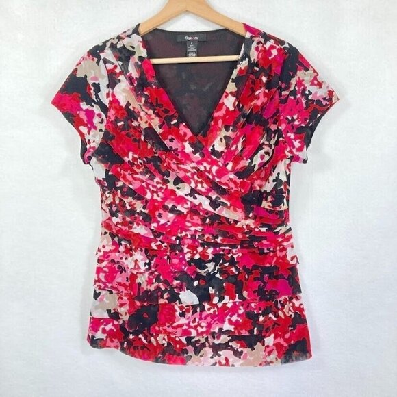 Style & Co Floral Blouse Bold Coquette Flirty Academia Deep V Neck Slinky L - Picture 1 of 5